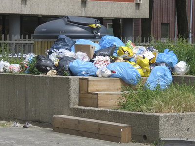 907958 Afbeelding van een berg vuilniszakken bij de ondergrondse container achter het studentencomplex 'The Hive' aan ...